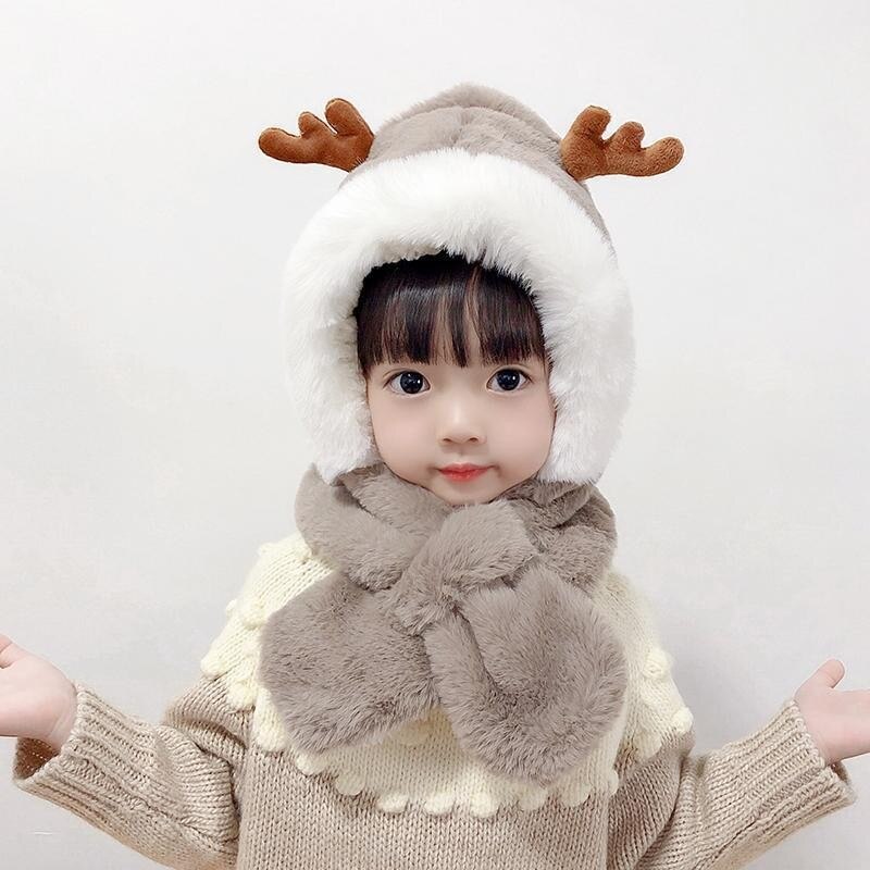 invierno niños novedad sombreros gorras niñas cálido lindo Reno sombrero de cuernos Casual de bufanda sombrero conjunto Casual niños tapas: Castaño