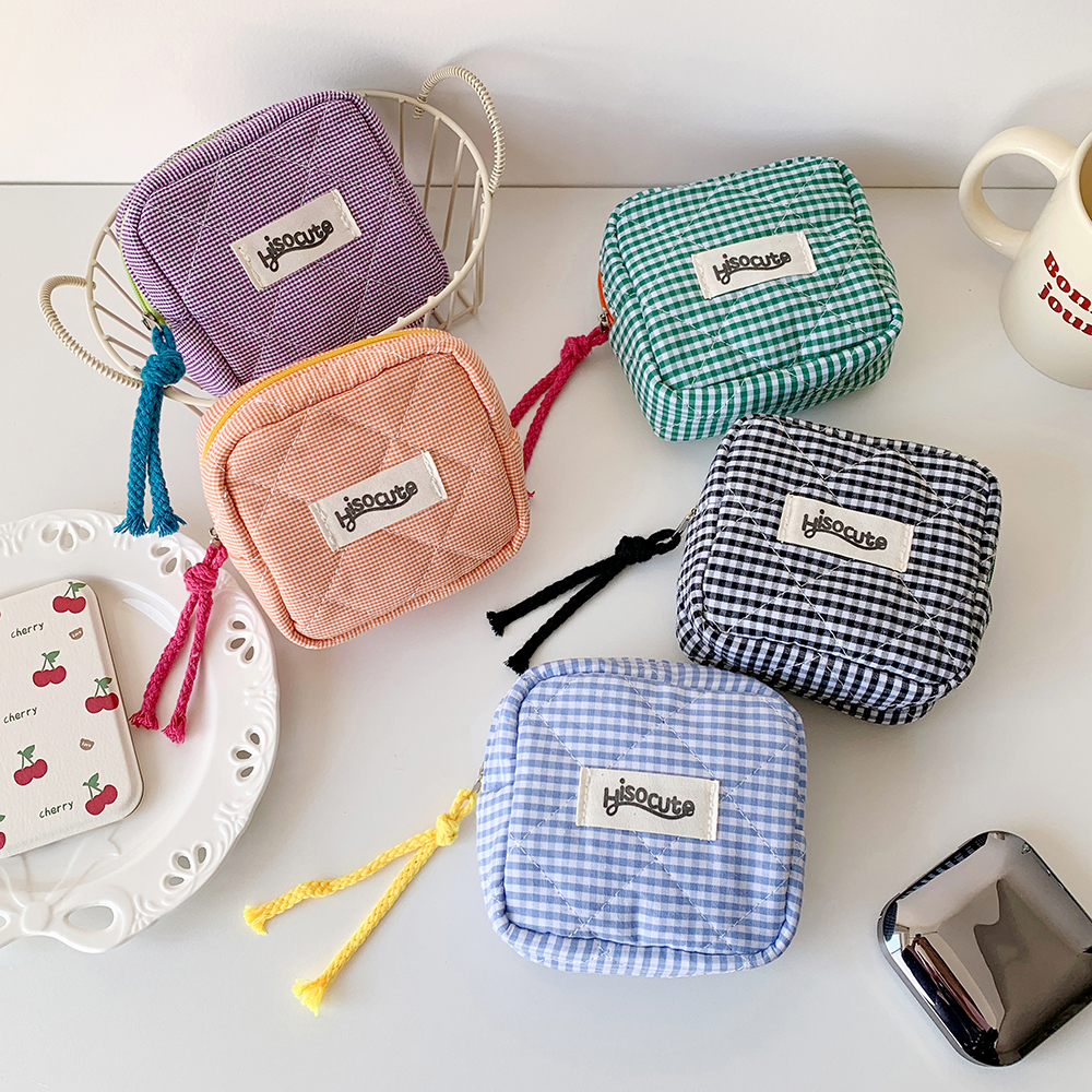 Ins Style Plaid Mini Geldbörse Tragbare Kosmetik Aufbewahrungstasche Dame Lippenstift Tasche und Kartenhalter Kawaii Tofu Kissen Tasche