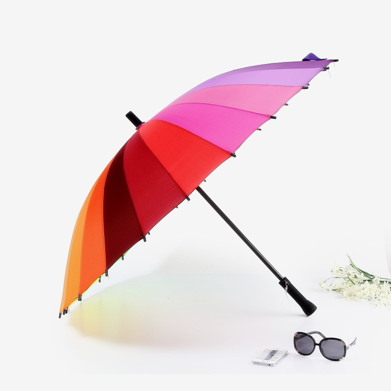 24k ribbe farge regnbue langt håndtak rett anti-uv sol/regn stick paraply manuell stor parasoll