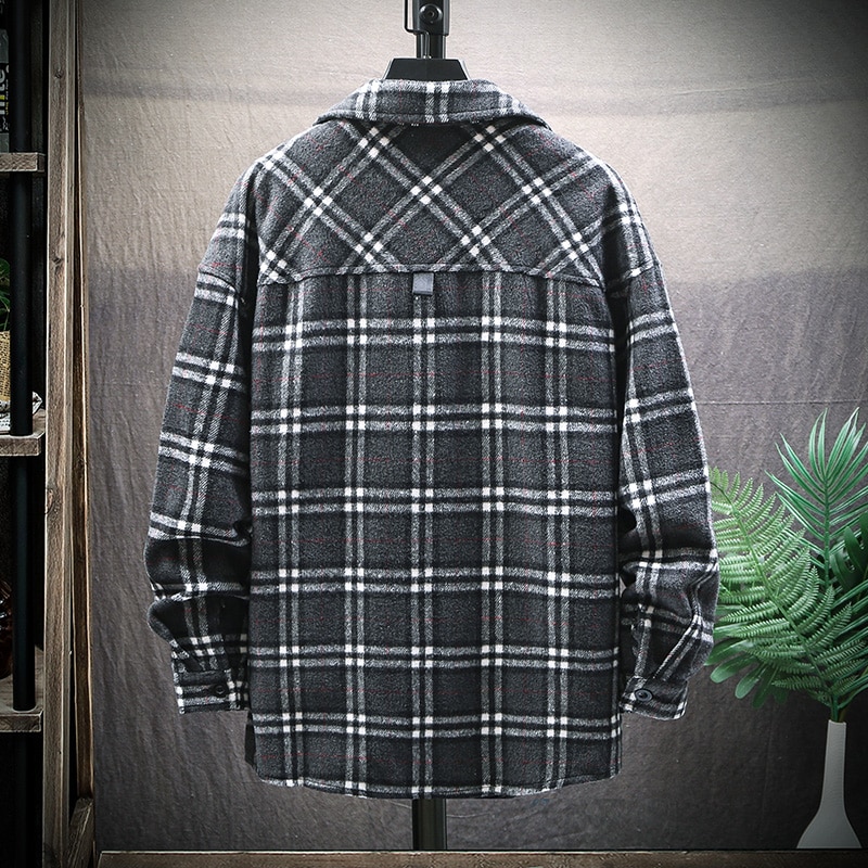 Efterår vinter flannel skjorter herre langærmet plaid streetwear ulden varm casual plus vintage lommeskjorte chemise homme