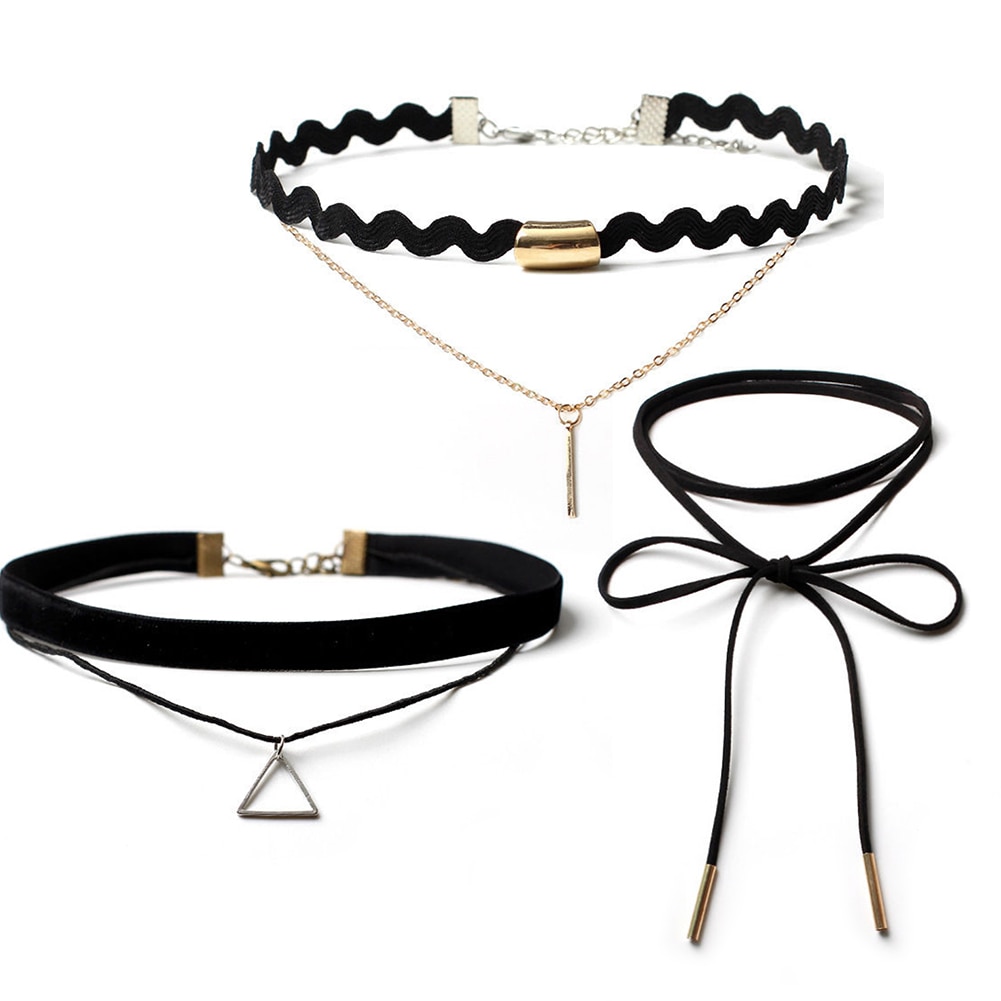 Women\'s Triangle Pendant Flower Lace Layered Wavy Velvet Vintage Choker Necklace