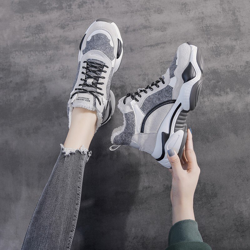 Fujin Sneakers Winter Vrouwen Platform Pluche Mode Dikke Bodem Warm Houden Toegenomen Vrije Vrouwen Ronde Neus Leisure Schoenen