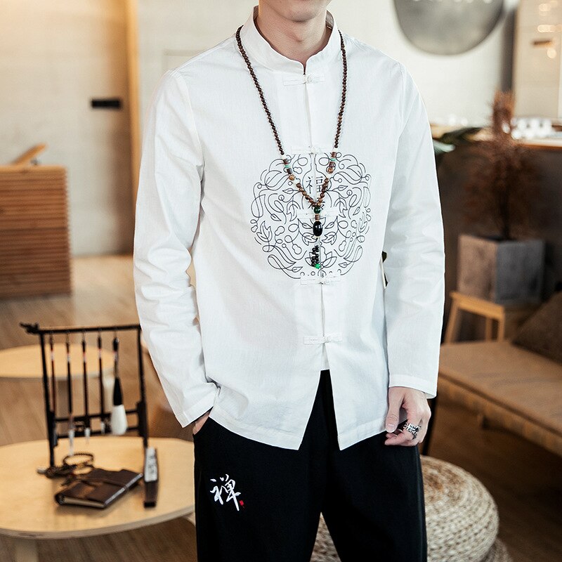 Traditionele Chinese Kleding Voor Mannen Katoen Linnen Shirts Wit Borduren Kung Fu Tai Chi Hanfu Mannelijke China Stijl Tops CN-024