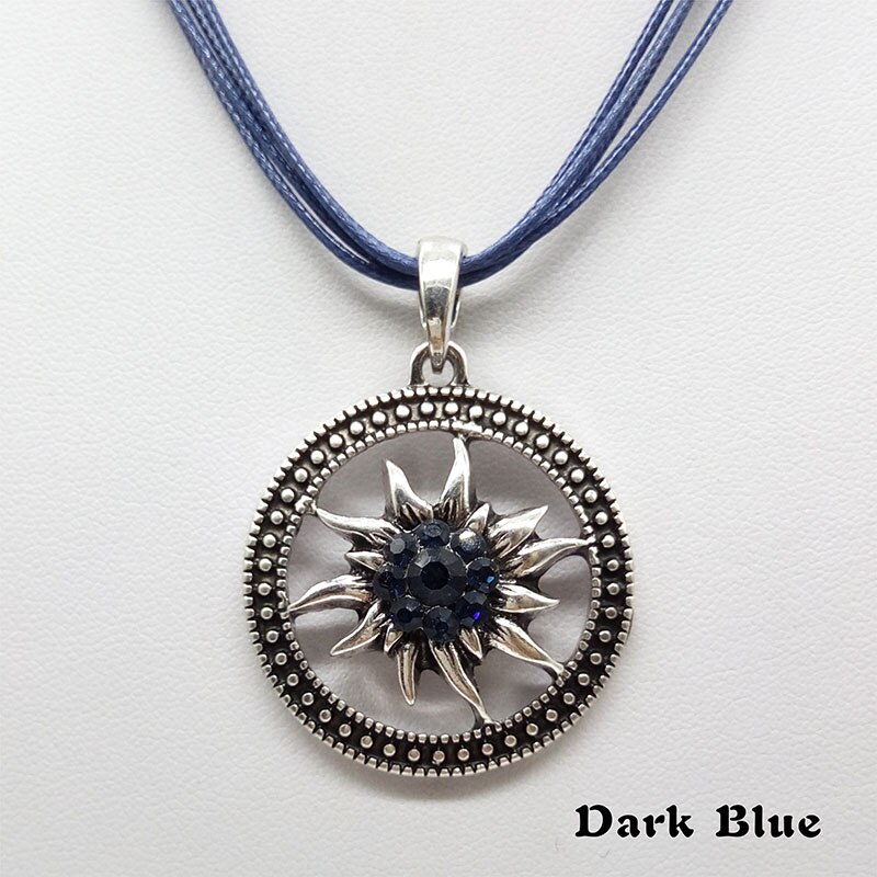 Vintage Zilveren Gesneden Edelweiss Ketting Hanger Zonnebloem Dirndl Traditionele Duitse Sieraden: drak blue