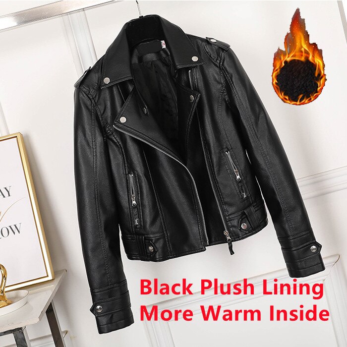 Sungtin Women Faux Leather Jacket Beige Casual Slim Motorcycle Biker Leather Coat Female Punk Streetwear Spring Autumn Jackets: Black Plush Lining / M