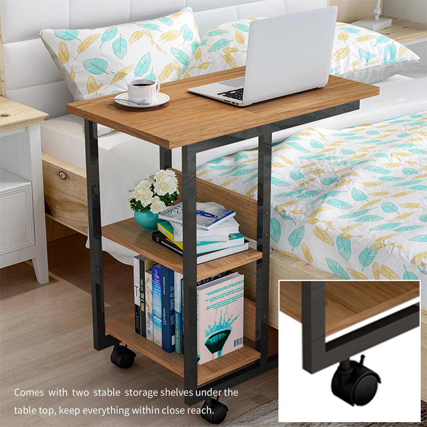3-Tier Storage Table Mobile Laptop Side Table Tray for Sofa Bed Couch C-Shaped Table Desk Rolling Casters with Brakes Side Table