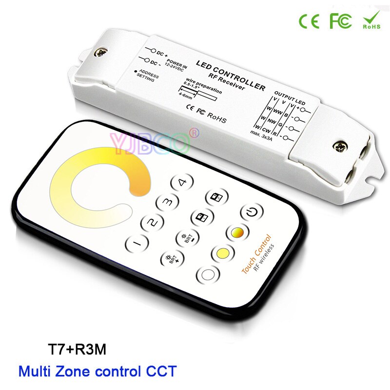 BC Multi Zone control led dimming/CCT/RGB Max 3*3A RF wireless remote + Receiver controller for LED Strip Light,DC12V-24V