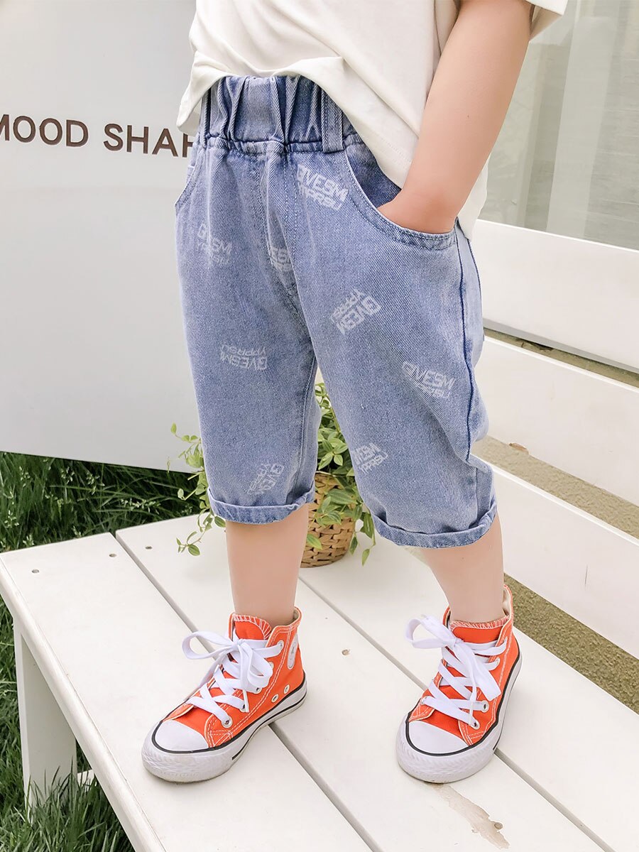 Pantaloncillos vaqueros para verano de los niños pantalones vaqueros cortos niños bebé elástico cortos carta pantalones cortos niños pantalones vaquero cortos 2-6Year: 4T--height 110cm