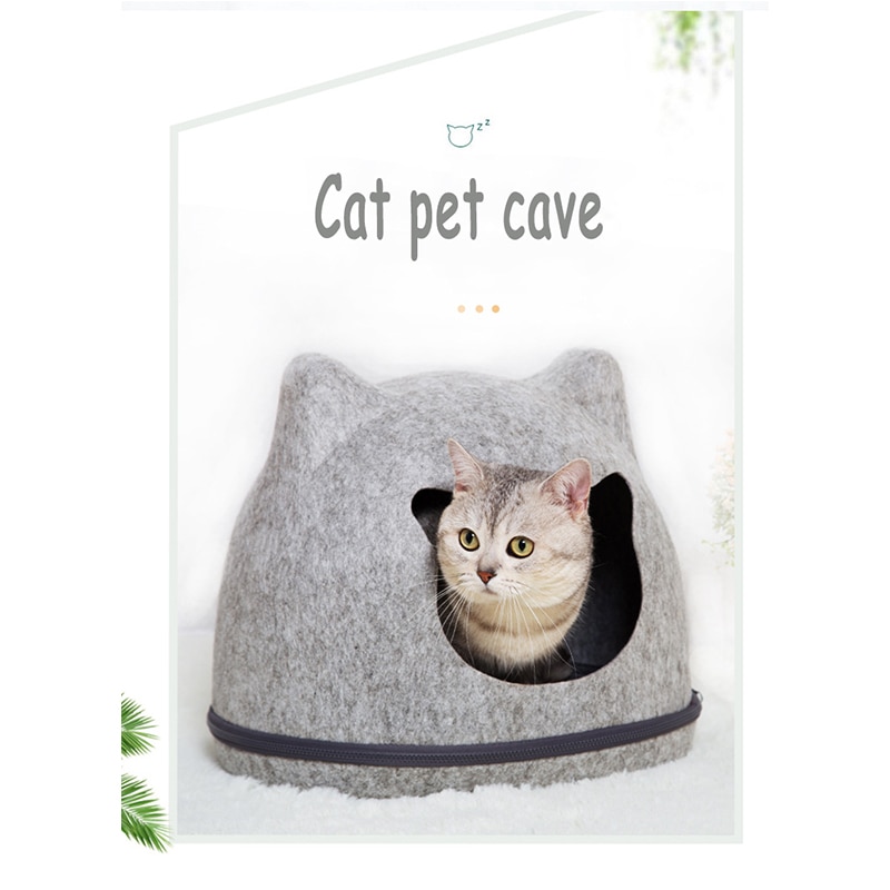 Kat kæledyrshus seng aftagelig naturlig filt katteseng åndbar kat kæledyr hulekat sengehus med pude til kæledyr katte kæledyrshjem