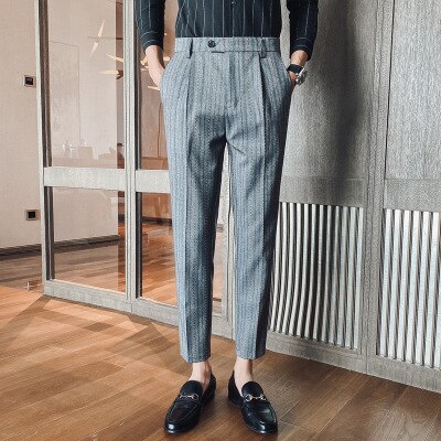 Heren gestreepte casual broek slim british business kleur gestreept borduurwerk kleine broek heren trendy broek