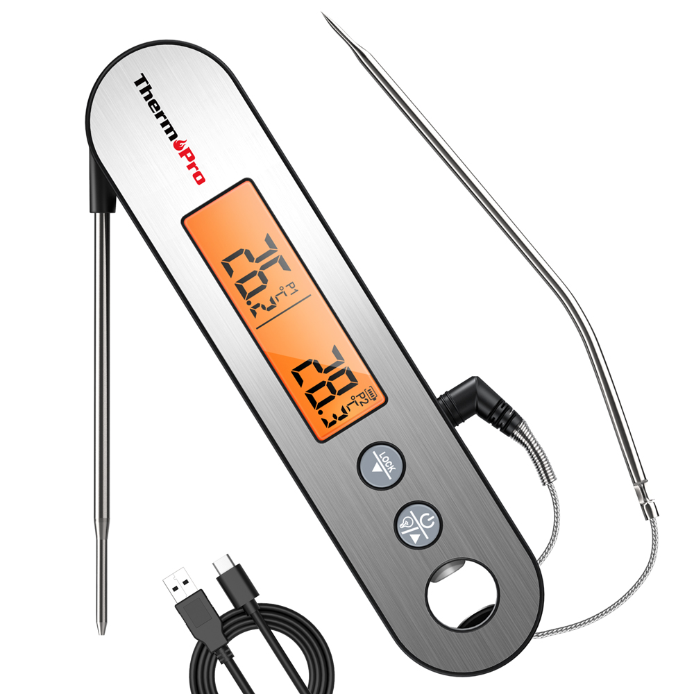 ThermoPro – thermomètre numérique TP610 pour la viande, 2 en 1, avec 2 sondes pliables et filaires, rétro-éclairé