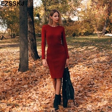 Herfst winter lange trui jurk dames effen bodycon dikke jurk dames trui o-hals slank basic gebreide jurk lange mouwen
