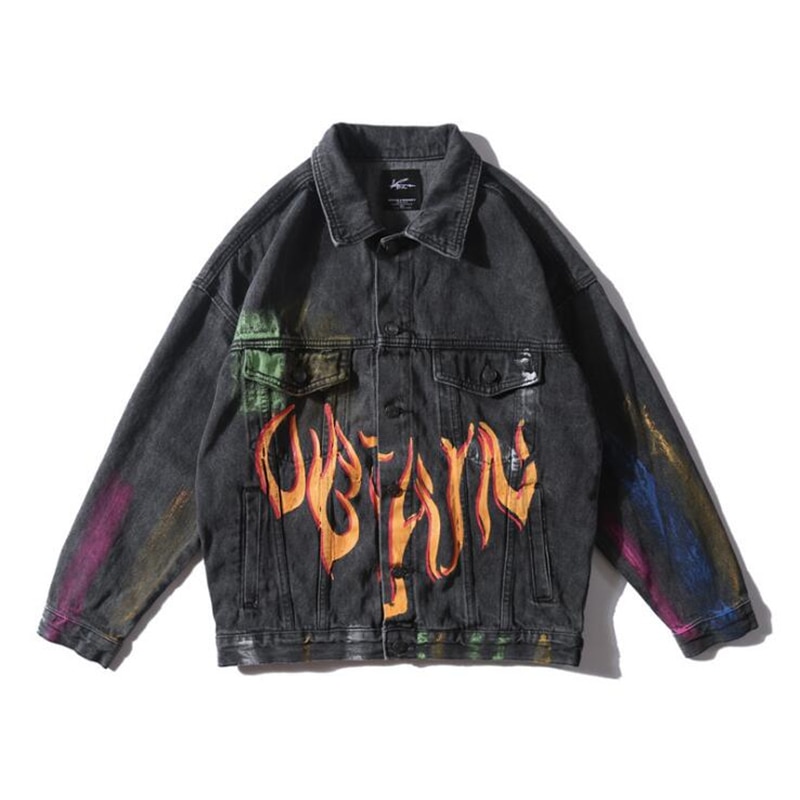 Rainbow Graffiti Vlam Print Denim Jassen Streetwear Hip Hop Casual Bomber Jean Jacket Jassen Tops Blauw Zwart