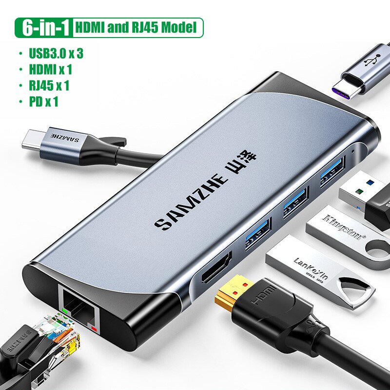 SAMZHE USB C HUB Portable Type C to Multi USB 3.0 HDMI Adapter Dock for MacBook Pro Air USB-C Splitter Port Type C HUB: 6 in 1