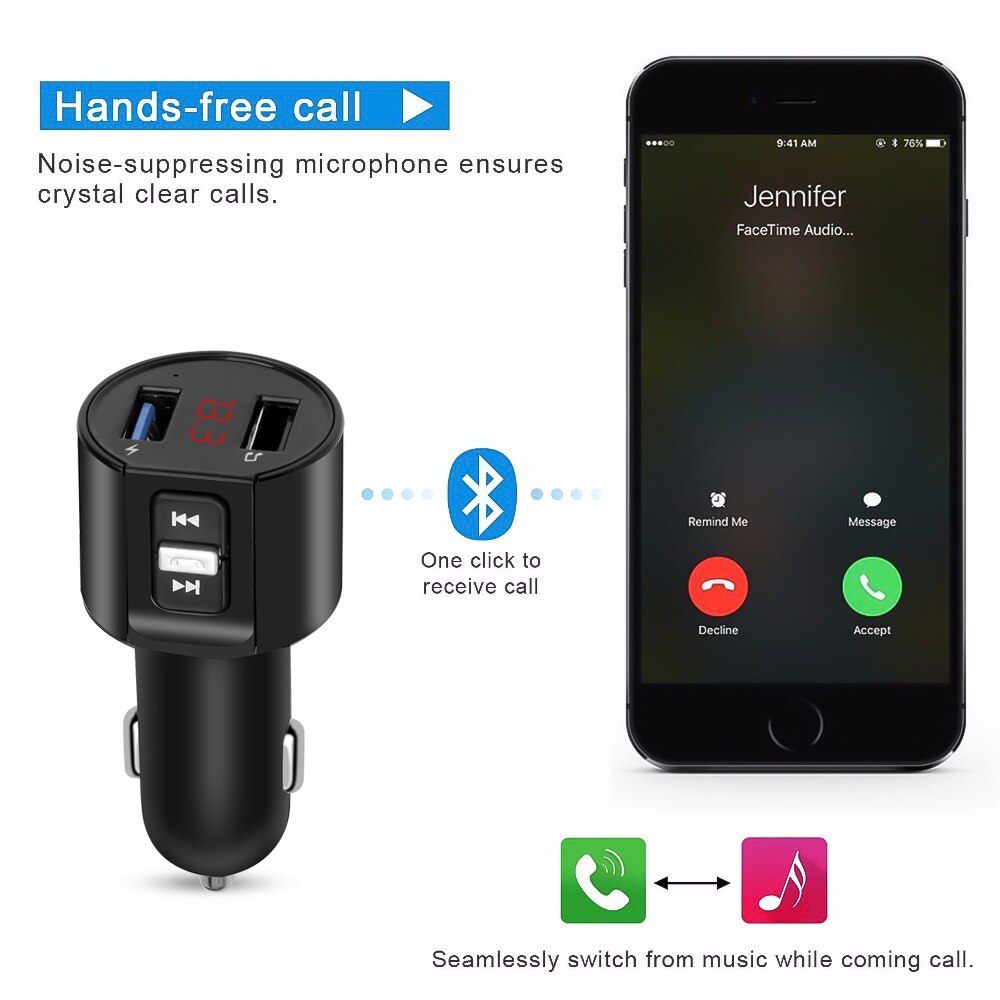 Cargador USB de 5V y 2.1A con Bluetooth, transmisor FM, pantalla LED, cargador de coche para iPhone 12, Xiaomi, Samsung, adaptador de teléfono móvil