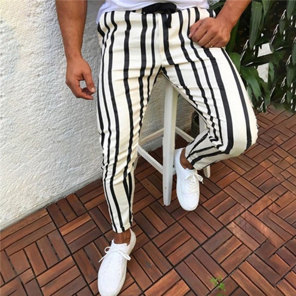 Man byxor märke herr skinny slim fit botten rand casual höga byxor med fickor träning hip hop track byxor plus size: L / Vit