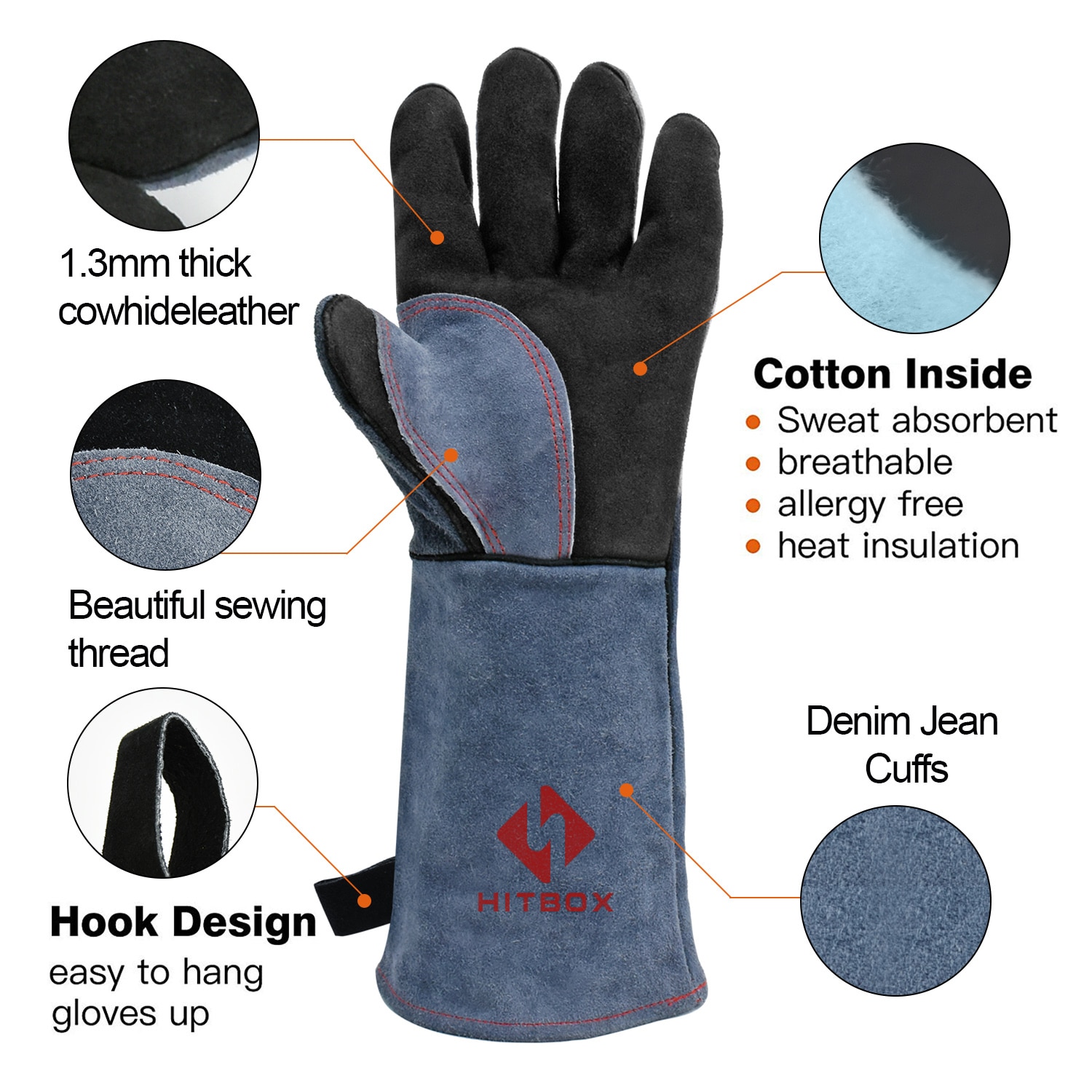 HITBOX Schweißhandschuhe, Grill, Küchenherd, hitzebeständig, Haustiertraining, dickes Leder, Übergröße