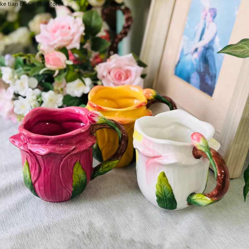Tasse en céramique Rose de 485ml, tasse à café en céramique Rose dessinée à la main, tasse à thé en fleur de campagne de Style européen, tasse à lait, nouveaux pour la maison