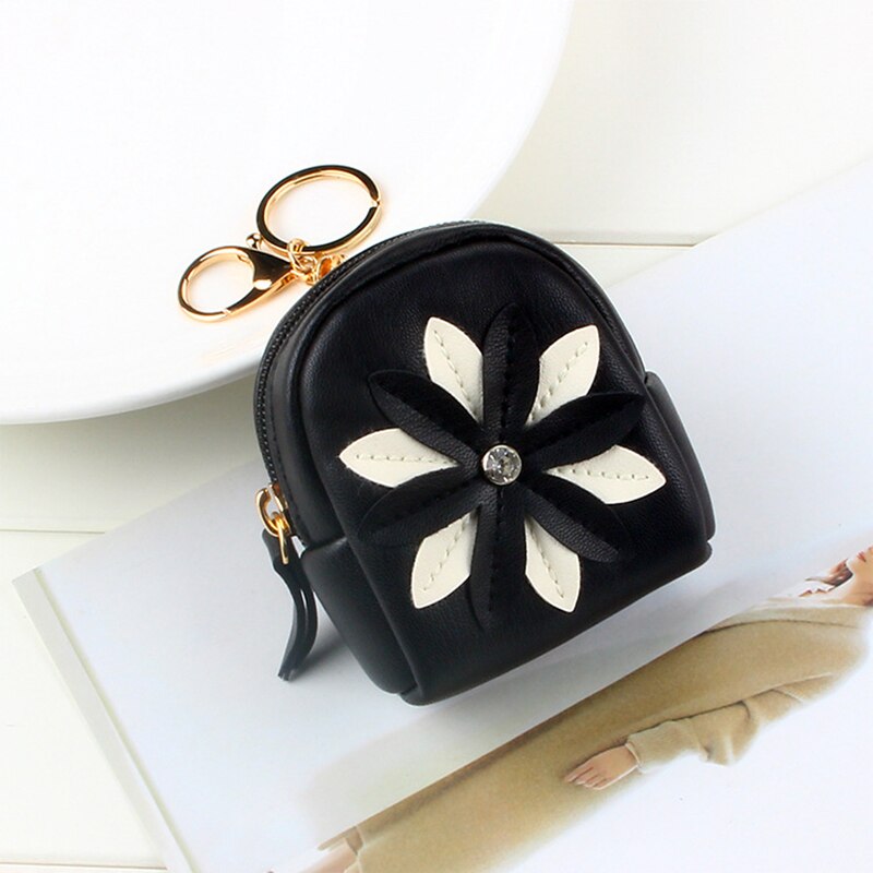 Fudeam pequena bolsa de couro flor bolsa de moeda feminina moda mini bonito chaveiro zíper carteira de moeda batom cabo usb fone de ouvido saco: Black