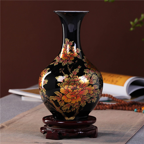 Jarrón de estilo chino, jarrón Jingdezhen de porcelana negra, florero de flor de esmalte para el hogar, floreros con rosas brillantes hechos a mano: Caqui oscuro
