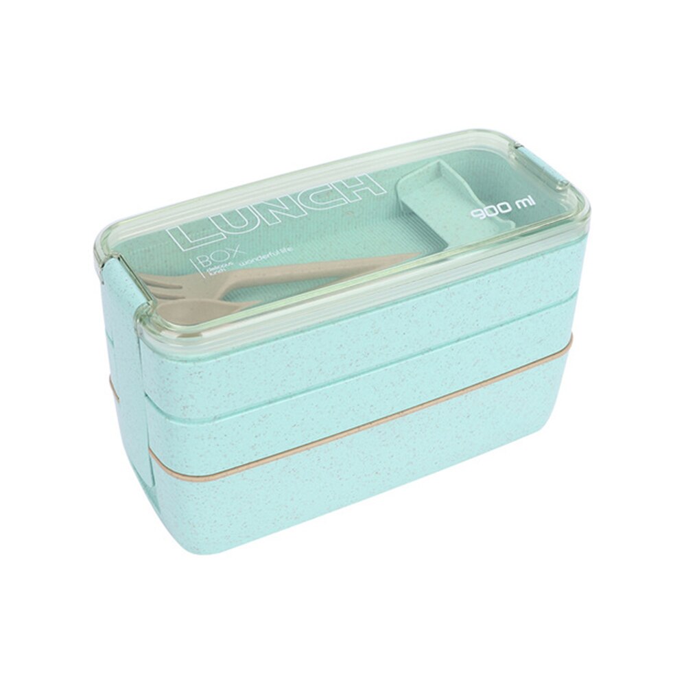 3 Layer Wheat Straw Bento Boxes 900ml Healthy Material Lunch Box Microwave Dinnerware Food Storage Container Lunchbox: Green