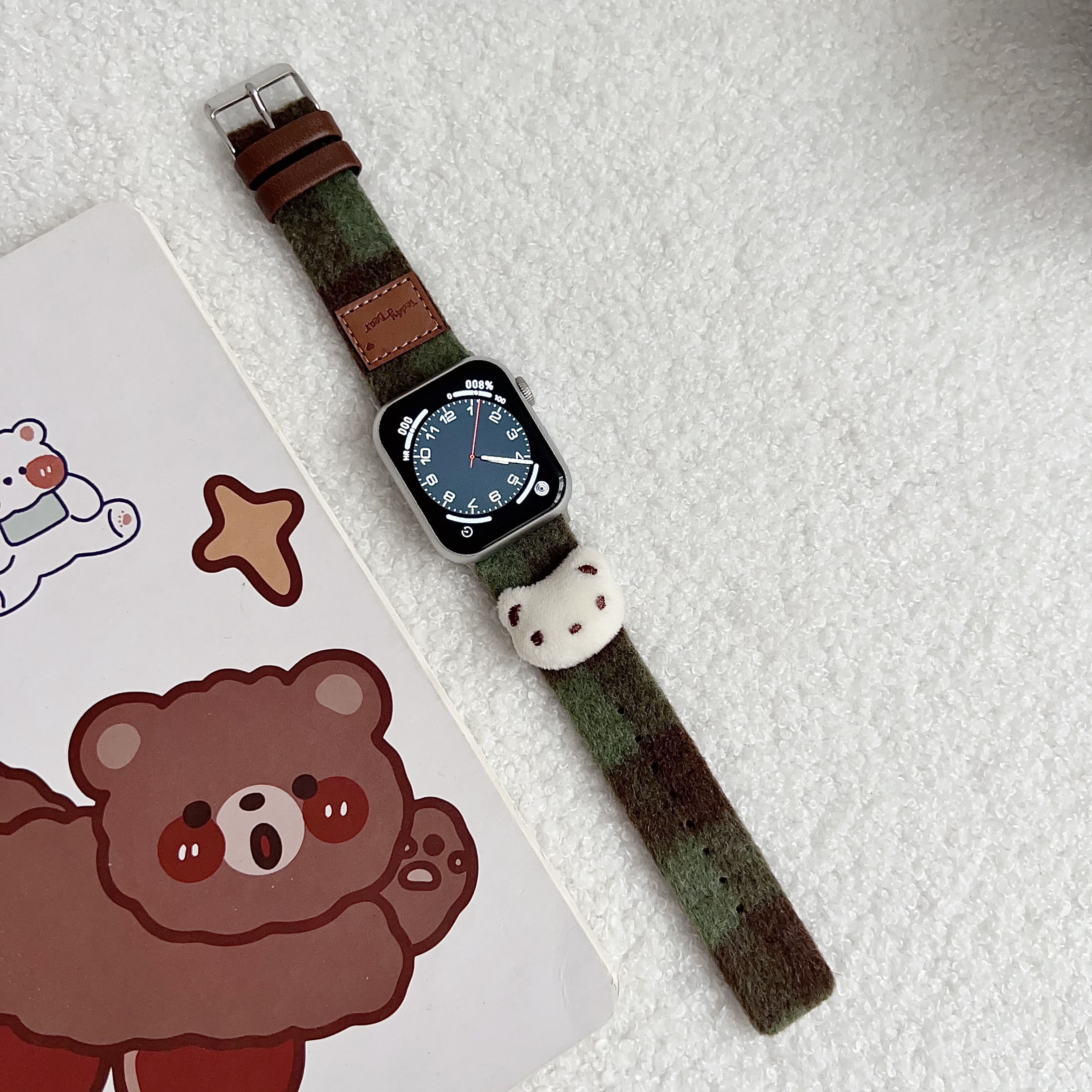 Leren band voor Apple Watch Band Meisjes Schattige beer Armbandketting met Iwatch9876SE Ultra40 41 44 45 mm Dames Pluche Doek Pols: M / SMOKEY MAUVE