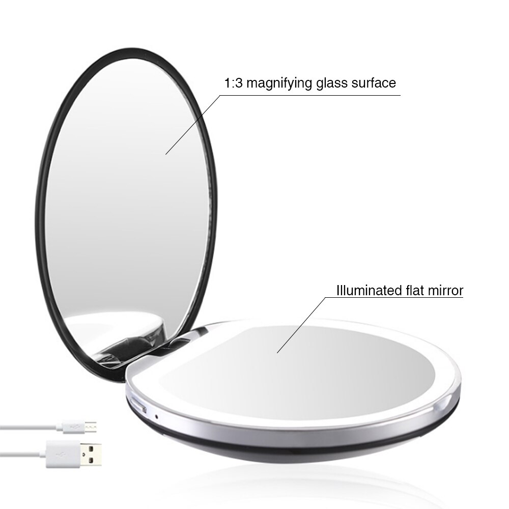 3 color Mini espejo de maquillaje LED 3X lupa de mano portátil recargable USB conectar viaje plegable pequeño espejo de maquillaje