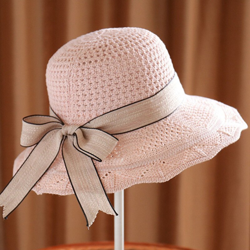 Sombrero plegable de ala ancha flexible para niña y mujer, gorro de punto de ganchillo, sombrero de playa para mujer, gorro de viaje con protección UV, sombrero de mujer: Pink