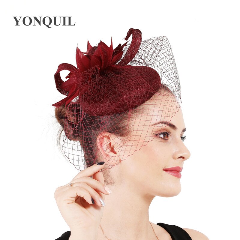 4- lags sinamay bruden bryllup fascinator lue mesh hodeplagg lin ekteskap lue kvinner garn hår tilbehør