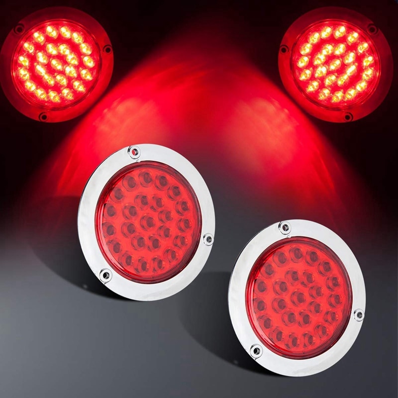 4 Pack Round Led Trailer Tail Lights Red 24 Led Flange Mount Waterproof Chrome 4 Inch Brake Stop Turn Lights