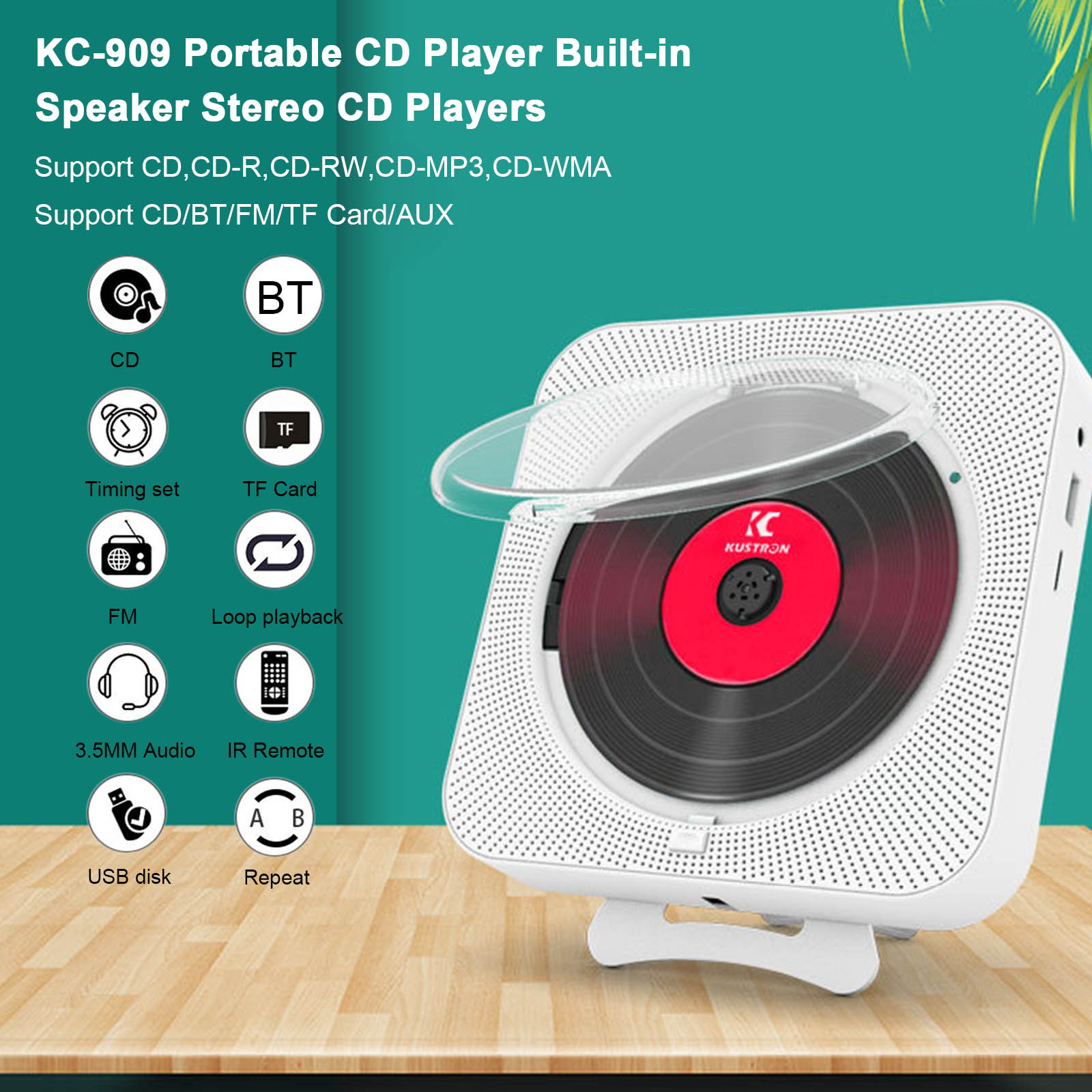 Cd player para parede com controle remoto, tocador de cd portátil, bluetooth, estéreo, cd, player de música, tela led, ir, rádio fm