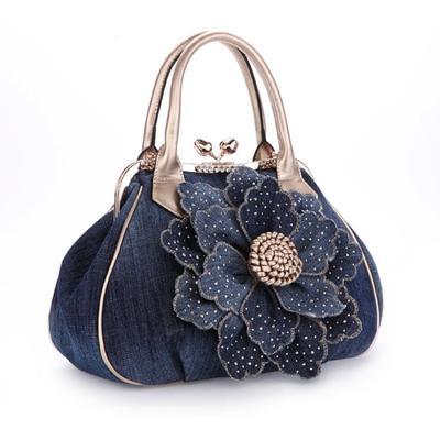 Brand 3D denim roses flowers shoulder bag embossed Beautiful Women Casual handbag girl messenger bags dress Vintage Bag: golden