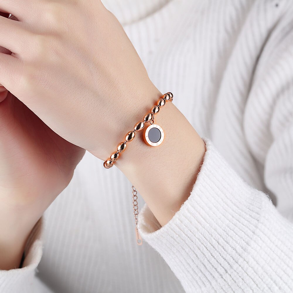 Lokaer chiffres romains acier inoxydable Bracelets pour femme accessoires perles chaîne breloque noir acrylique bijoux B17098