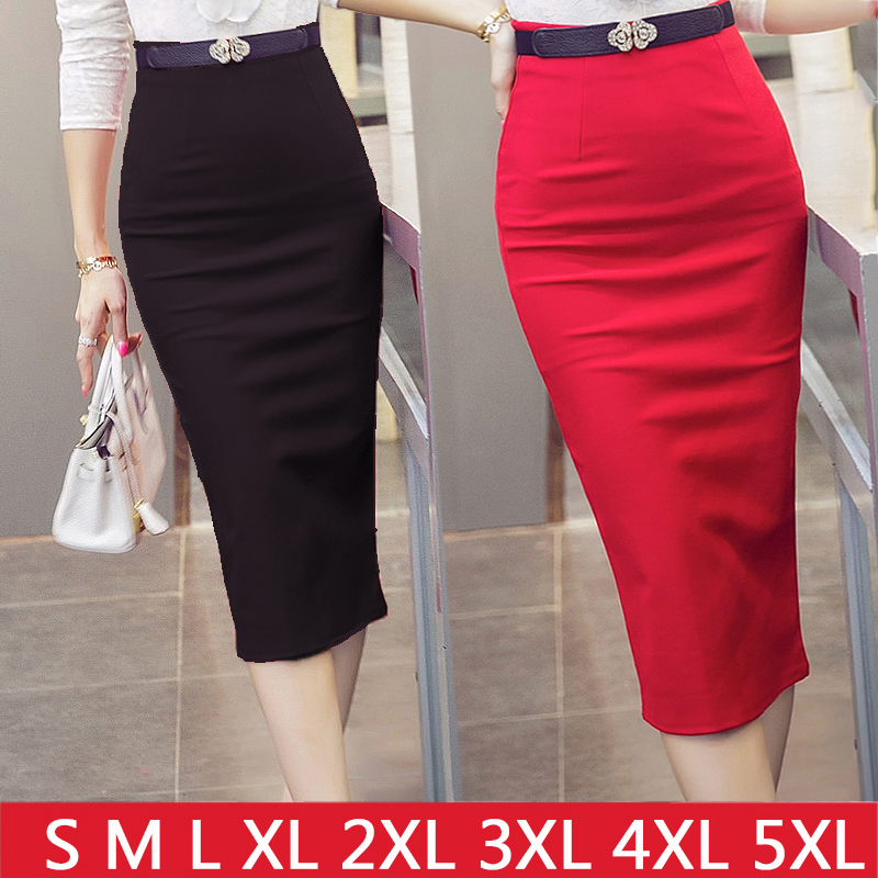 Hög midja pennkjol plus size tight bodycon dam midikjol röd svart slits kjol dam jupe femme s  - 5xl