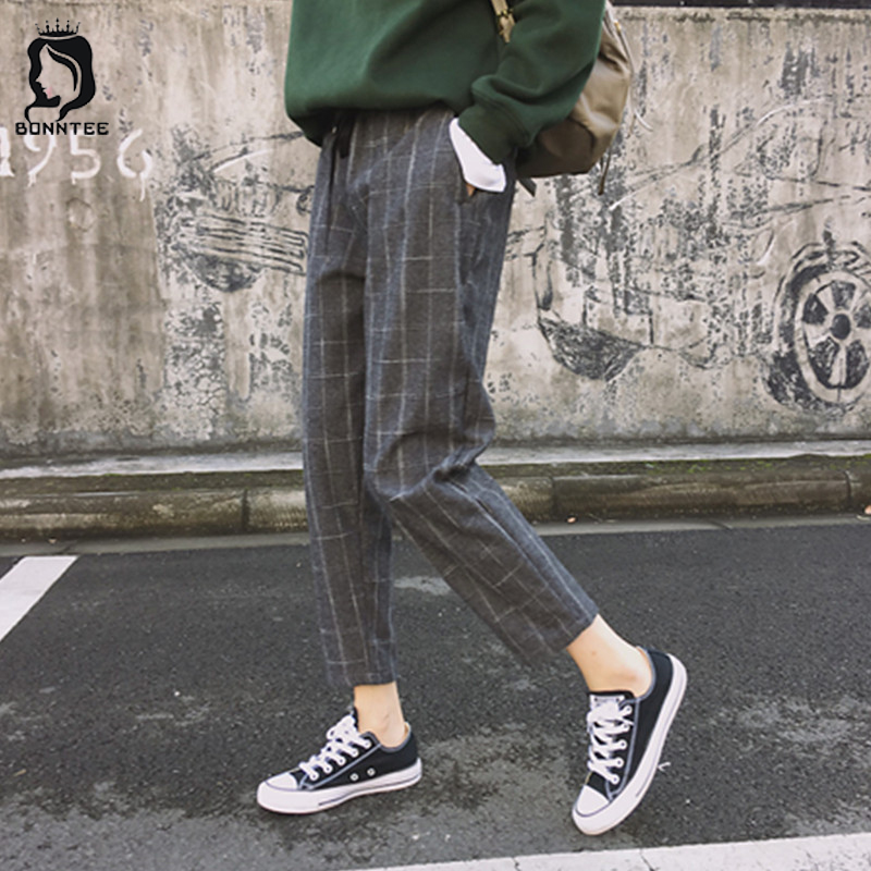 Kvinder bukselommer plaid kvinder løs afslappet kvindelige højtaljede bukser kvinder koreansk stil retro chic studerende piger