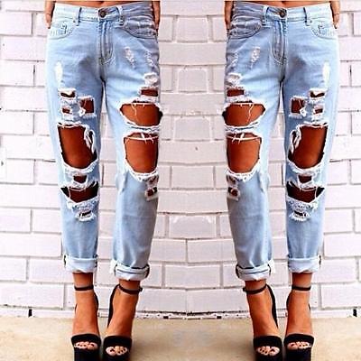 Pantalones vaqueros descoloridos rasgados informales para mujer, Jeans ajustados de algodón, Jeans descoloridos rasgados informales, Jeans ajustados: L