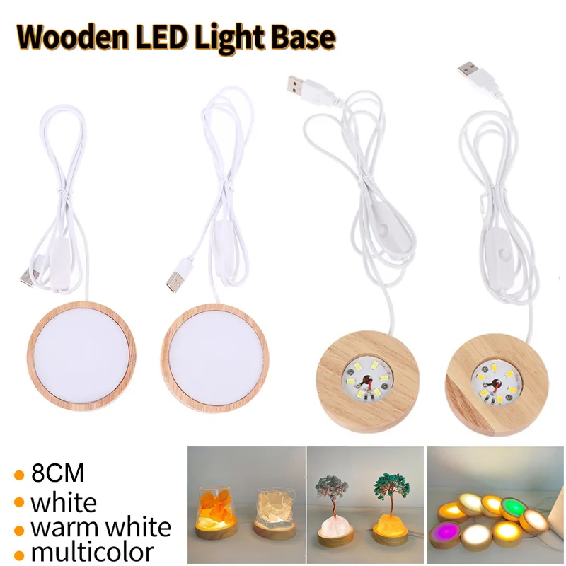8cm Wood Light Base With USB Switch Wooden LED Light Rotating Display Stand Lamp Holder Lamp Base Art Ornament