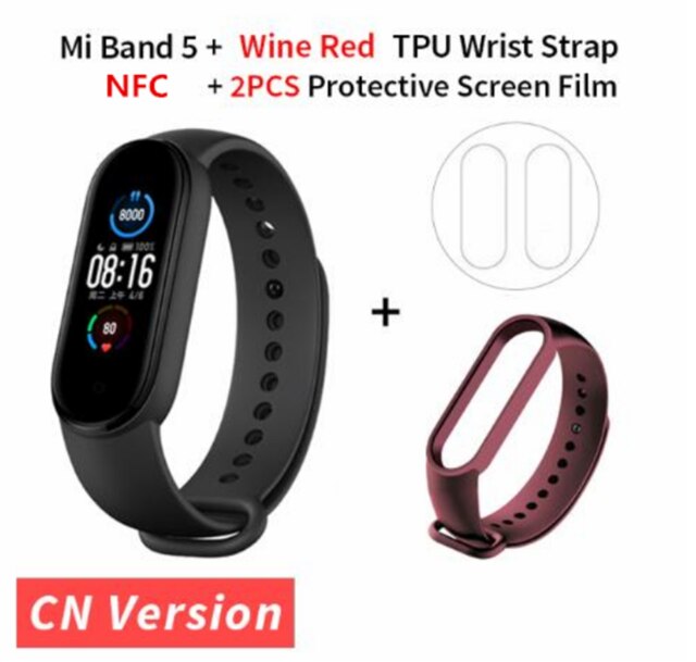 Xiaomi Mi Band 5 NFC Version Smart Bracelet AMOLED Screen Miband 5 Smartband Fitness Traker Bluetooth Heart Rate Smart Band: winered strap film
