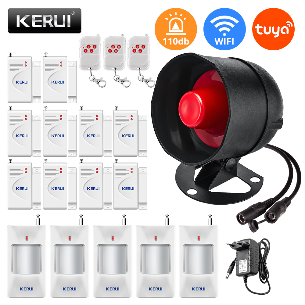 KERUI Tuya Smart WIFI Security Alarm System Kit 110dB Wireless Loud Indoor/Outdoor Siren Horn Home Burglar Motion Door Sensor: Gold / Eu plug