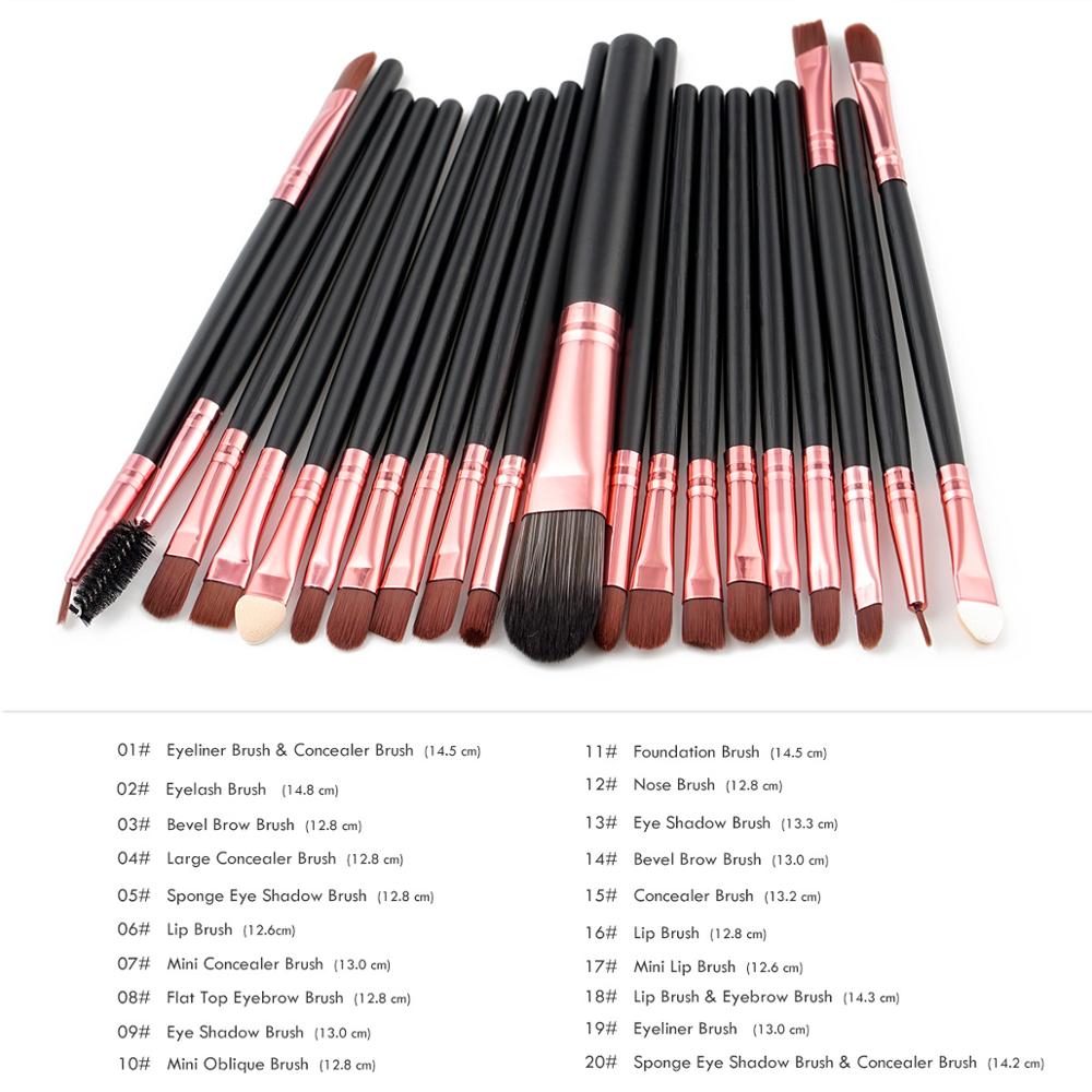 Conjunto de pincéis de maquiagem, kit de pincéis de maquiagem para base, pincéis de sombra, sobrancelha, suporte profissional de escova, 20 peças