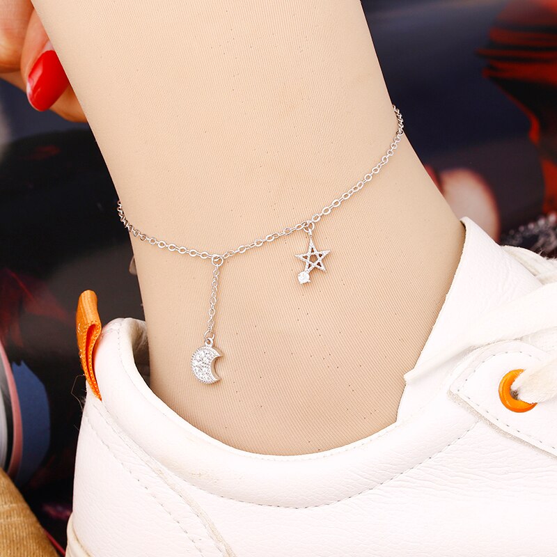 Neue glänzende mond & sterne kristall 925 Sterling silber damen fußkettchen schmuck Weihnachten förderung kein verblassen füße
