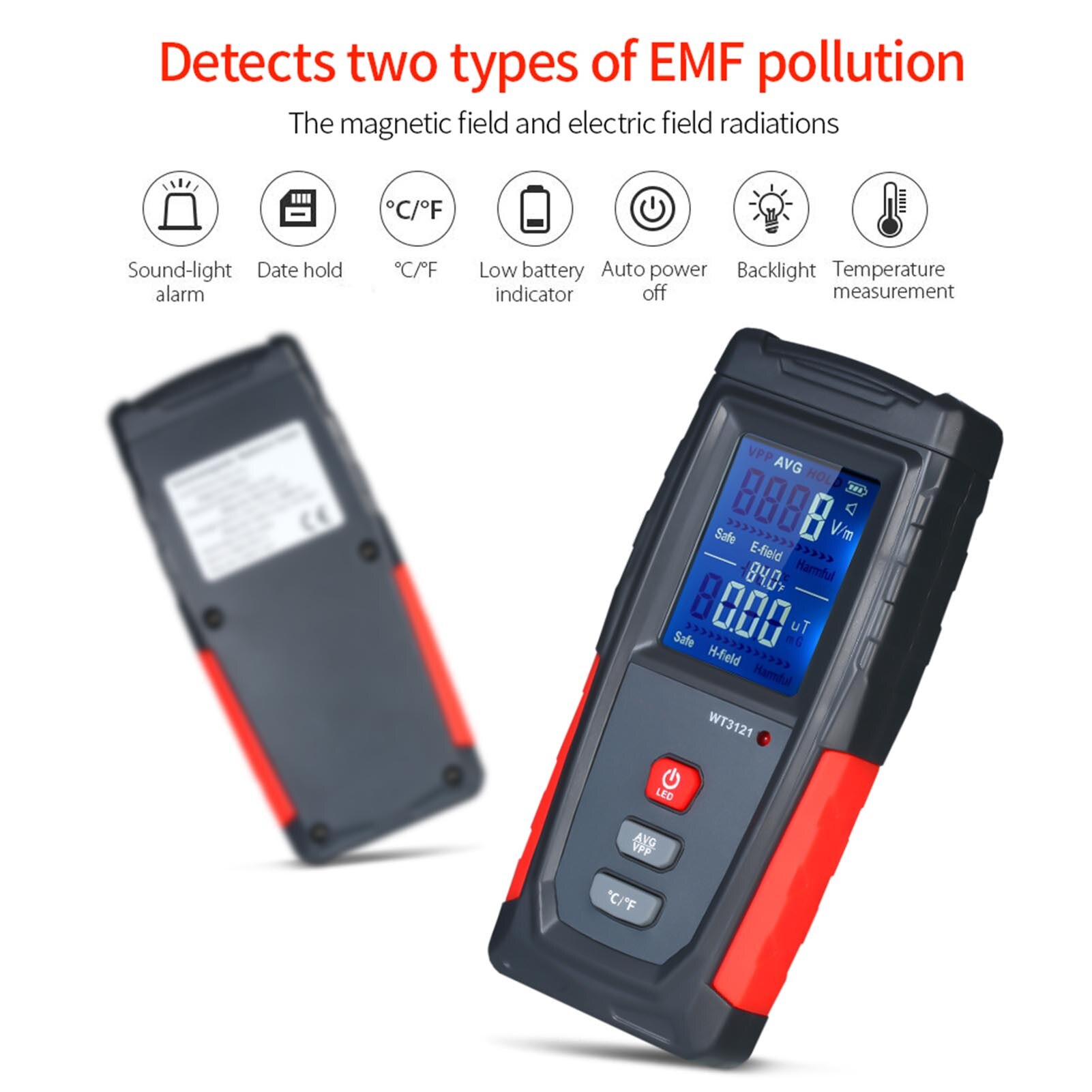 3-in-1 Electromagnetic Radiation Detector EMF Meter Handheld Household Anti-radiation Tester With Temp Sound Light Alarm WT31213