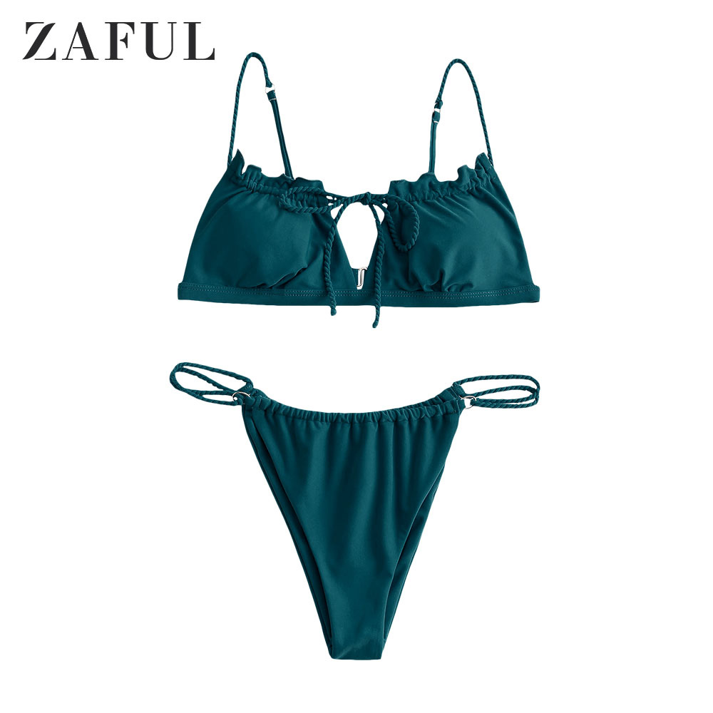 ZAFUL-Conjunto de Bikini con lazo trenzado para mujer, conjunto de Bikini femenino de tela brillante, trajes de baño sólidos azules, ropa de playa de verano,: Peacock Blue / L