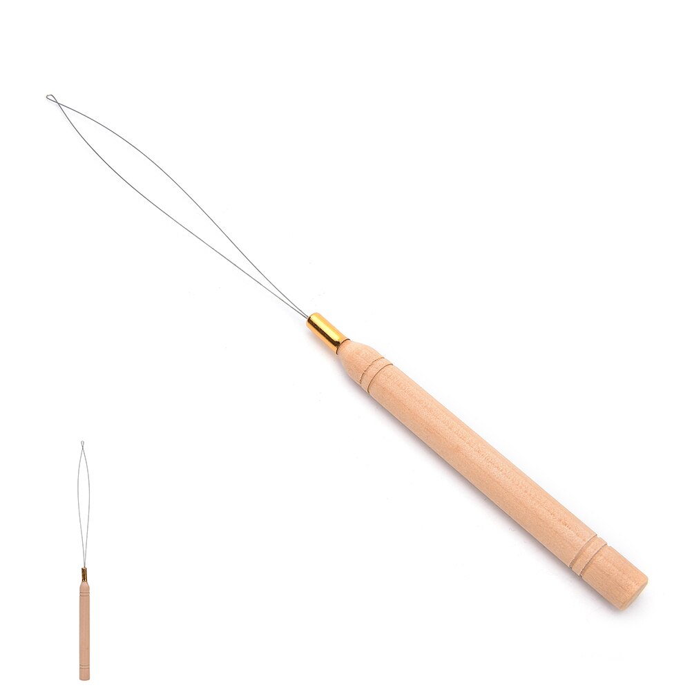 1Pcs Hair Extension Hook Pulling Tool Needle Threader Micro Rings Beads Loop Wooden Handle