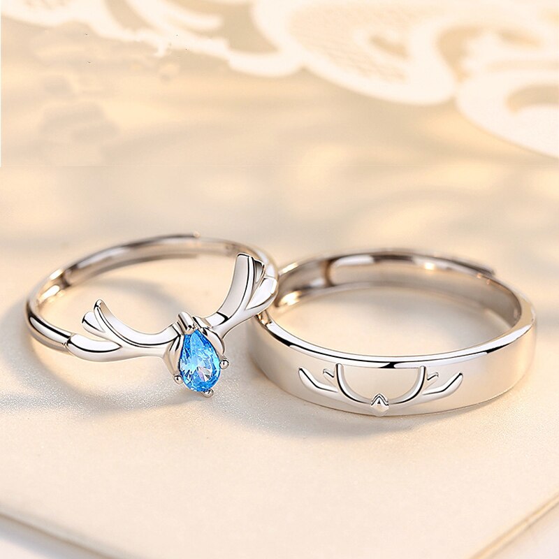 Anillos ajustables con cuernos de alce de cristal azul, cuerno de venado, anillos para parejas de amantes del circón para mujeres y hombres, de joyería para boda