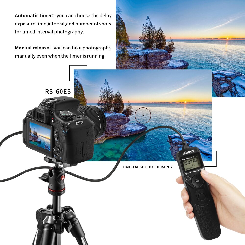 SHOOT RS-60E3 LCD Time Shutter Release Remote Control for Canon EOS 1300D 1200D 750D 650D 600D 700D 500D 350D 30D Rebel T4i