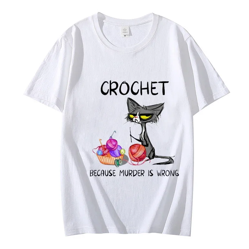Häkeln, weil Mord falsch ist, Einstellung Katze Frauen T-Shirt Sommer T-Shirt lässig Kurzarm Kleidung ästhetische Kleidung Spitzen: L / Blau