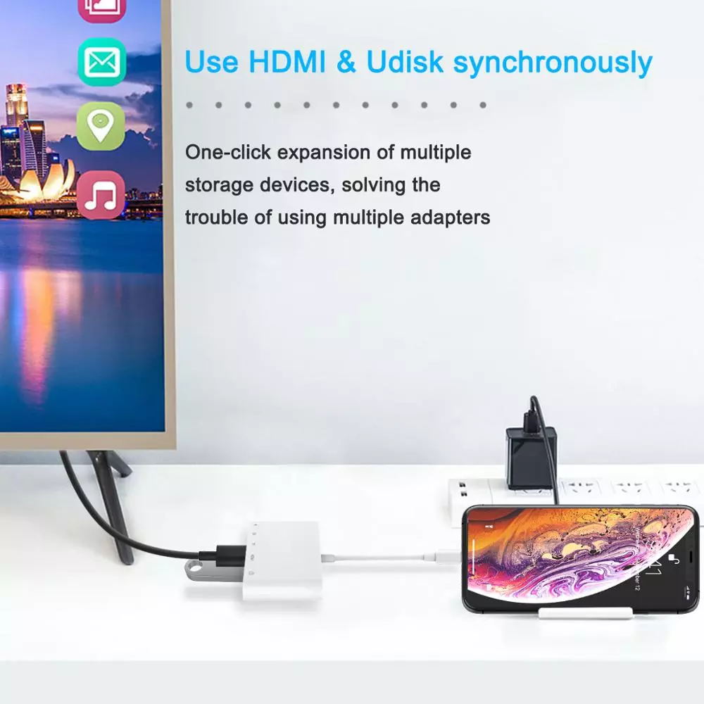 Hub USB AV Digital TV OTG adaptador de tarjeta de memoria lector de tarjetas TF 1080P Compatible con HDMI para IPhoneX XR XS 12 11Pro Max SE IPad Mini