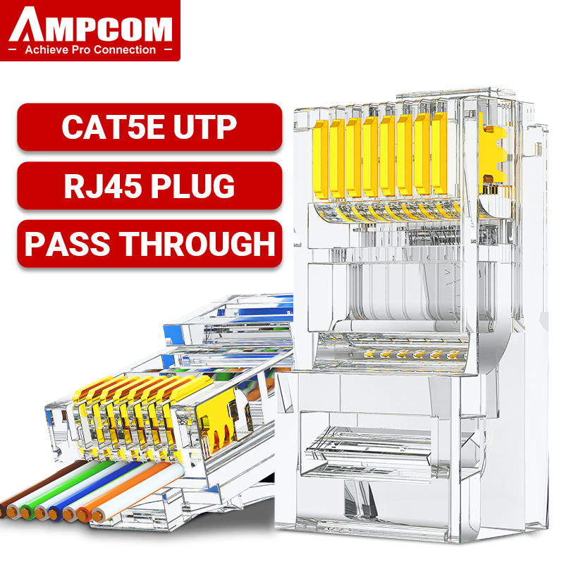 AMPCOM RJ45 Connector 50U Gold Plated CAT7 CAT6 CAT5E Pass through Modular Plug 8P8C Crimp End for Solid Wire Stanrded Ethernet: Red / 0.2M