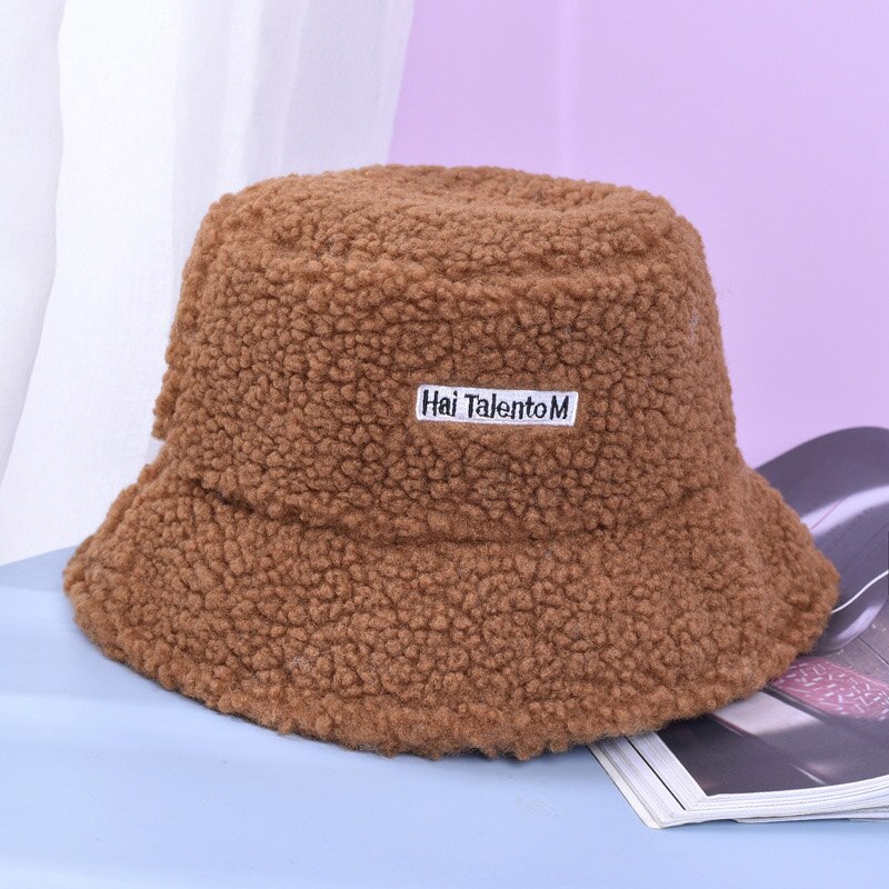 Winter Autumn Thick Warm Soft Lamb Wool Women Bucket Hat Solid Color Female Ladies Flat Top Hat Beanie Bonnet: brown
